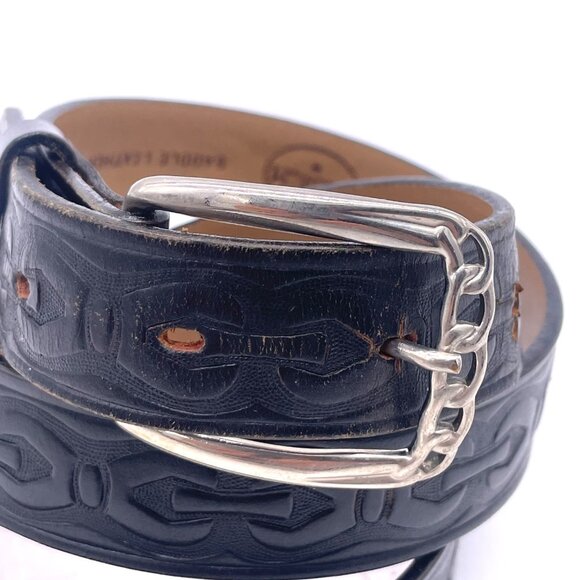 Vintage Pilgrim Saddle Leather Belt Size 34 Embossed Design Silver Buckle 1 Inch - Picture 3 of 5